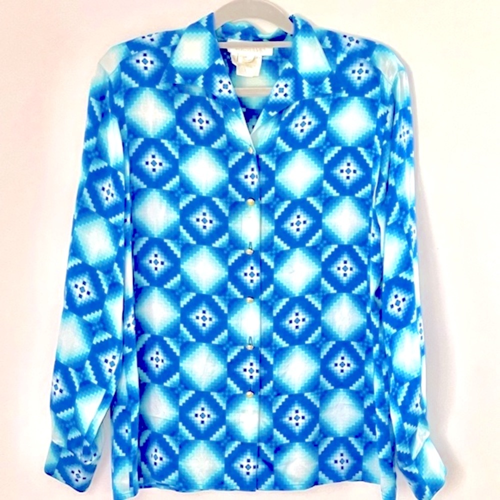 Vintage Silk ESCADA Margaretha Ley Blouse STUNNING vibrant blue geometric design